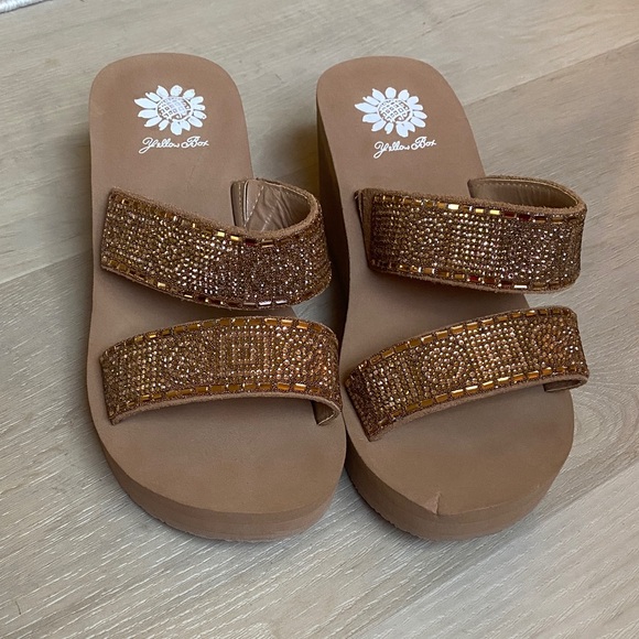 Yellow Box Shoes - Yellow Box Gold Crystal Platform Wedge Double-Strap Slide Sandals - Size 6